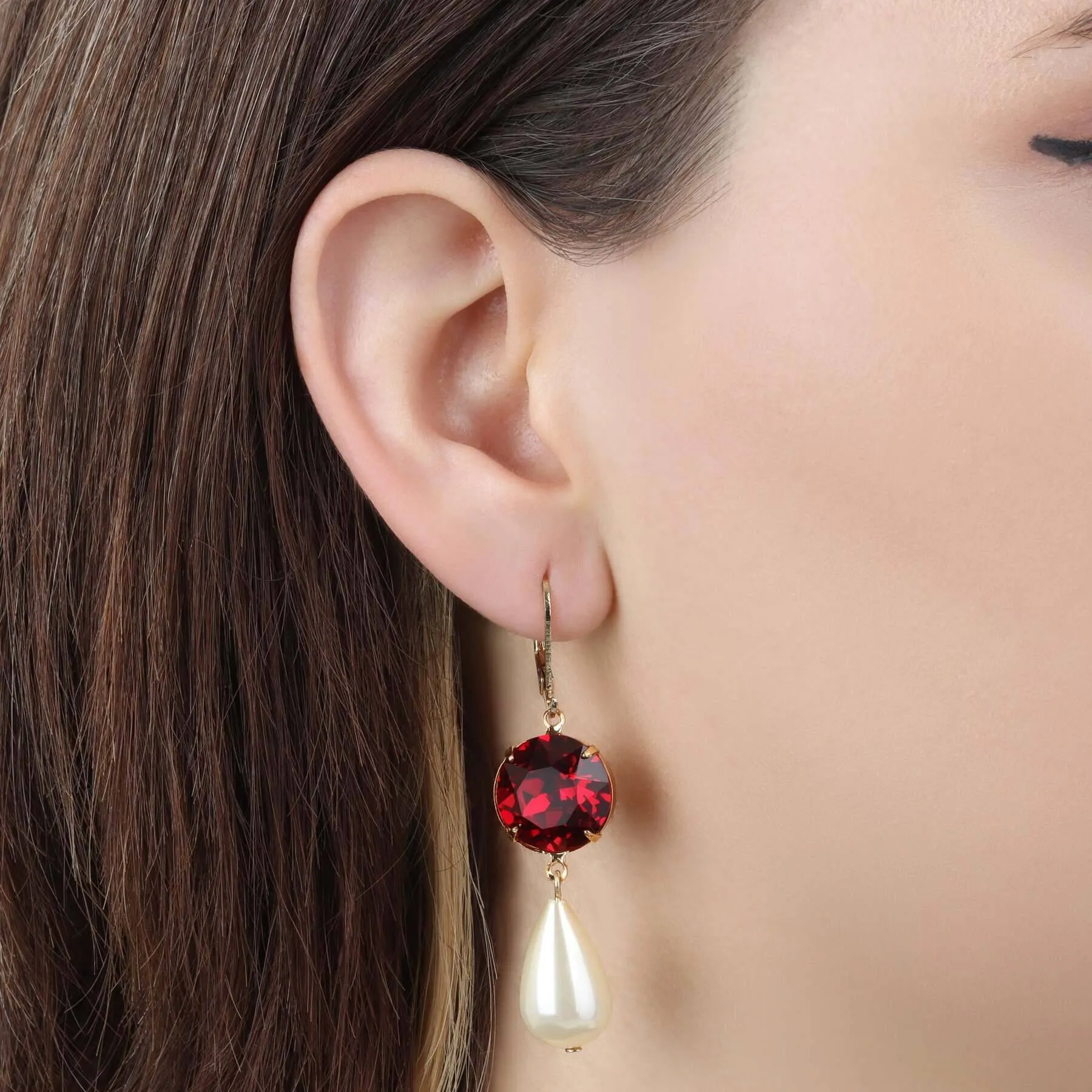 1928 Jewelry Siam Red Euro Crystal Faux Pearl Teardrop Dangling Earrings 1928 Jewelry