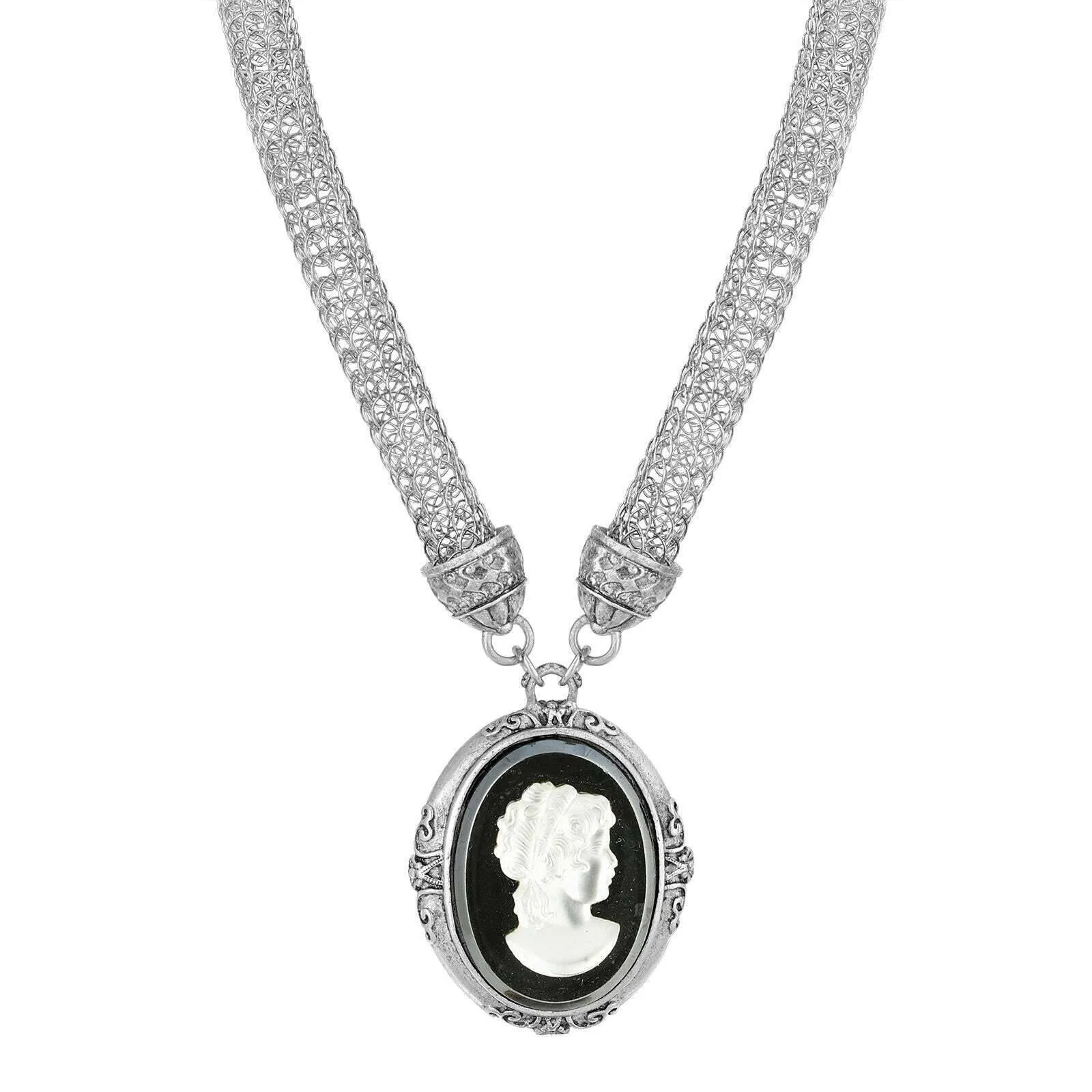 1928 Jewelry Signature Black Glass White Frost Cameo Pendant Mesh Tube Chain Necklace 18" 1928 Jewelry
