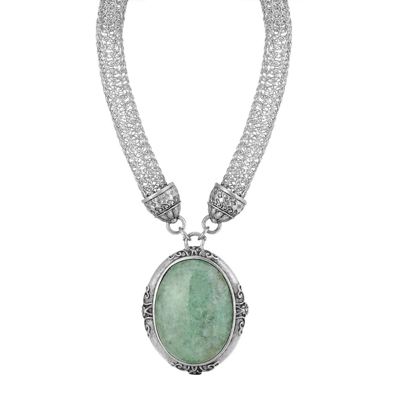 1928 Jewelry Signature Gemstone Oval Pendant Mesh Tube Chain Necklace 18" 1928 Jewelry