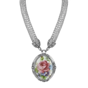 1928 Jewelry Signature Pink Flower Oval Pendant Mesh Tube Chain Necklace 18" 1928 Jewelry