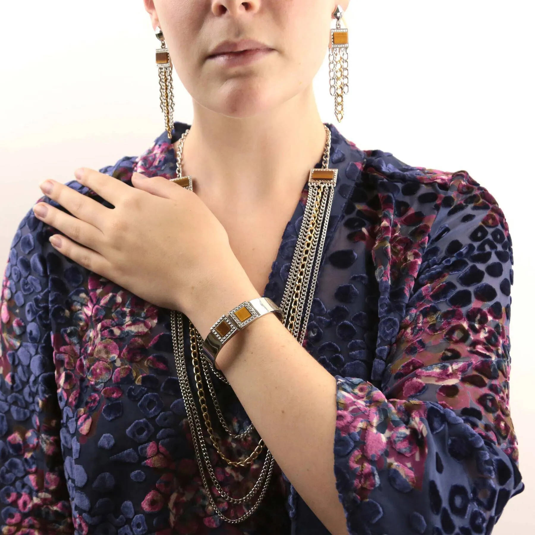 1928 Jewelry Silver & Square Gemstone Multi Chain Drop Earrings 1928 Jewelry