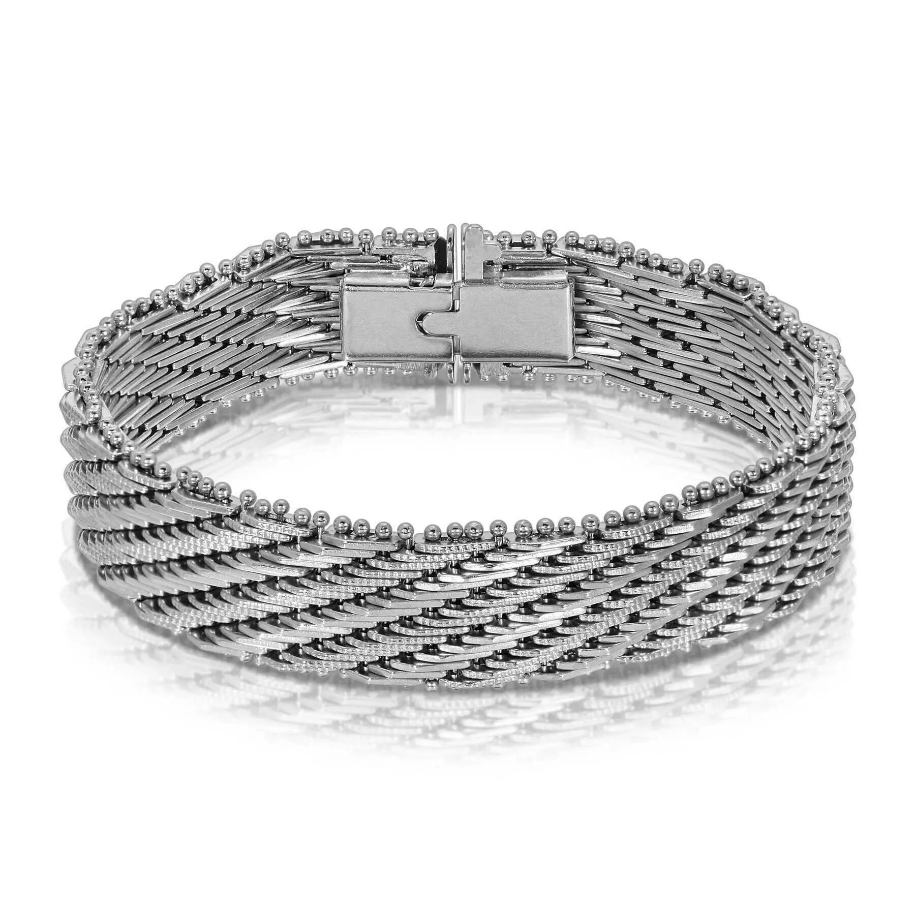 1928 Jewelry Silver Deco Mesh Beaded Edge Box Clasp Bracelet 1928 Jewelry