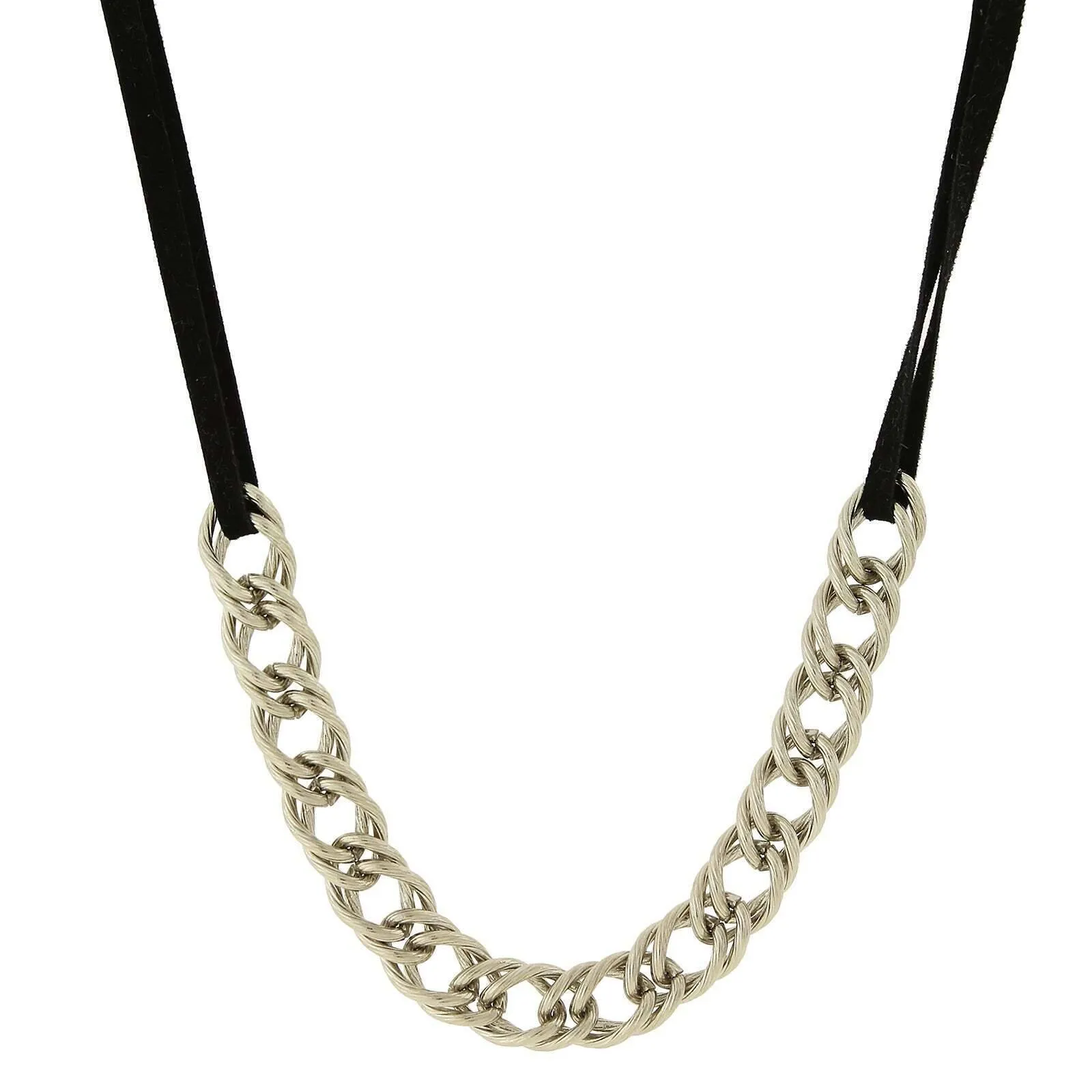 1928 Jewelry Silver Double Curb Chain Black Suede Necklace 16"   3" Extender 1928 Jewelry