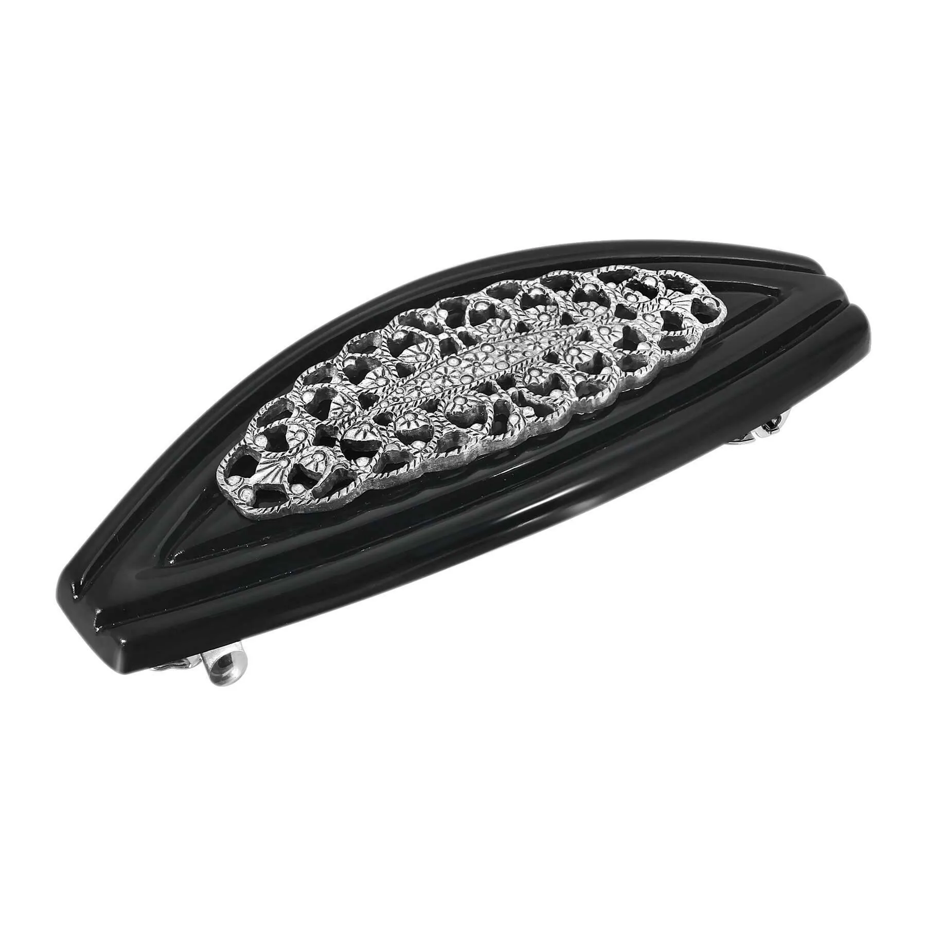 1928 Jewelry Silver Filigree Black Hair Barrette 1928 Jewelry