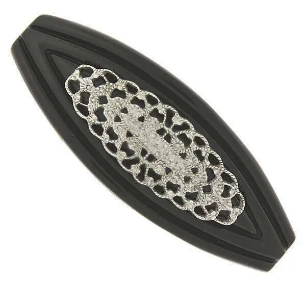 1928 Jewelry Silver Filigree Black Hair Barrette 1928 Jewelry