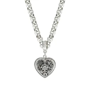 1928 Jewelry Silver Filigree Flower Heart Pendant Necklace 16"   3" Extender 1928 Jewelry