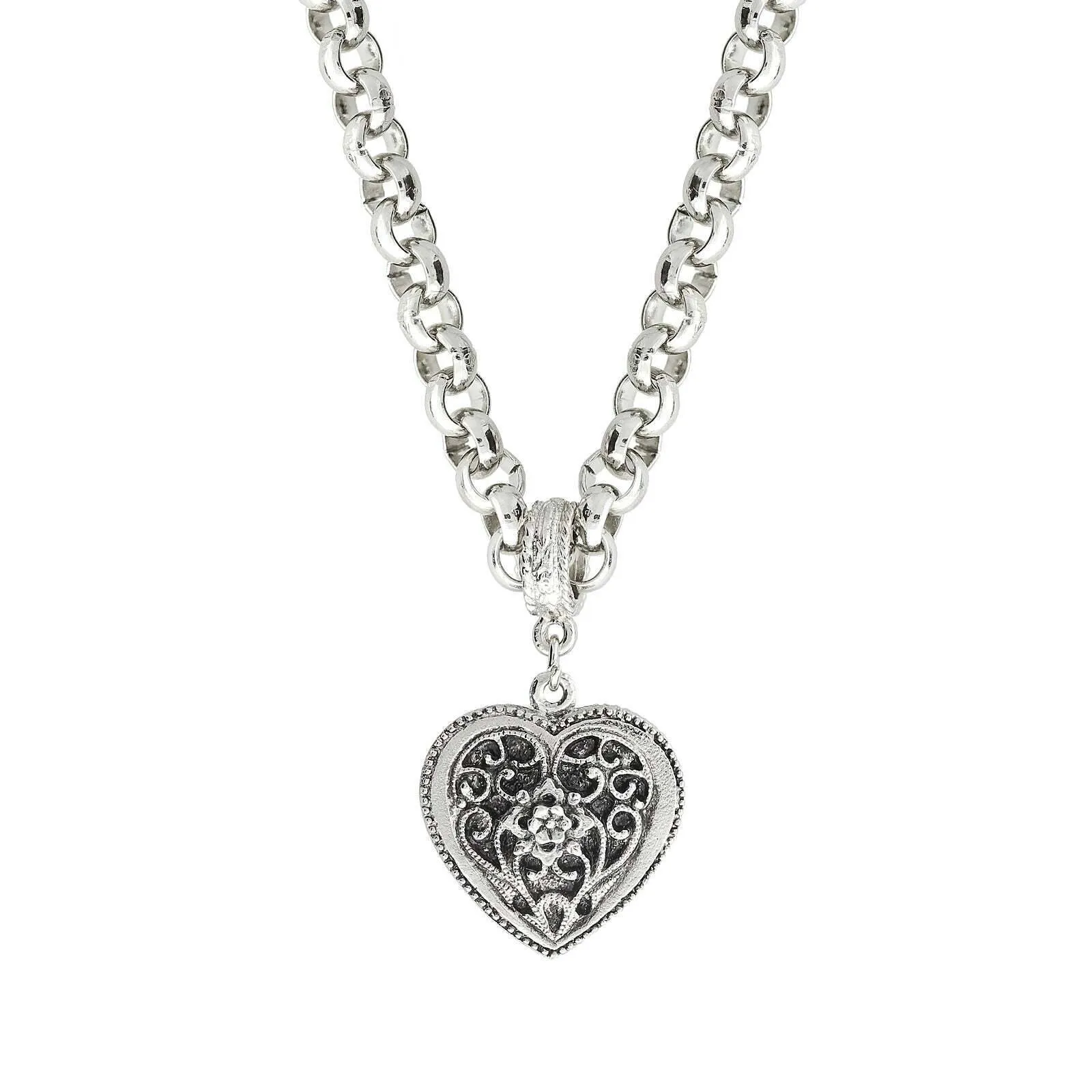 1928 Jewelry Silver Filigree Flower Heart Pendant Necklace 16"   3" Extender 1928 Jewelry