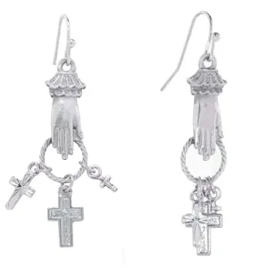 1928 Jewelry Silver Hand And Cross Charm Drop Earrings 1928 Jewelry