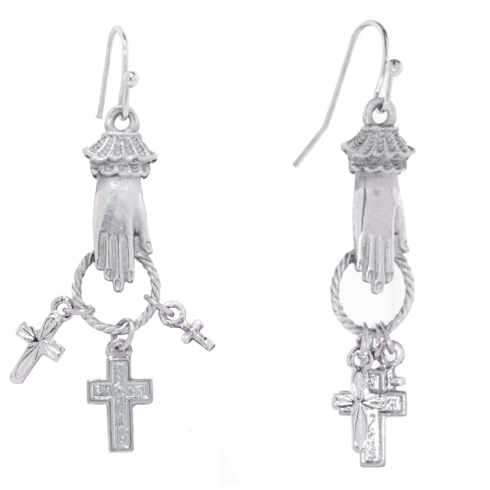 1928 Jewelry Silver Hand And Cross Charm Drop Earrings 1928 Jewelry