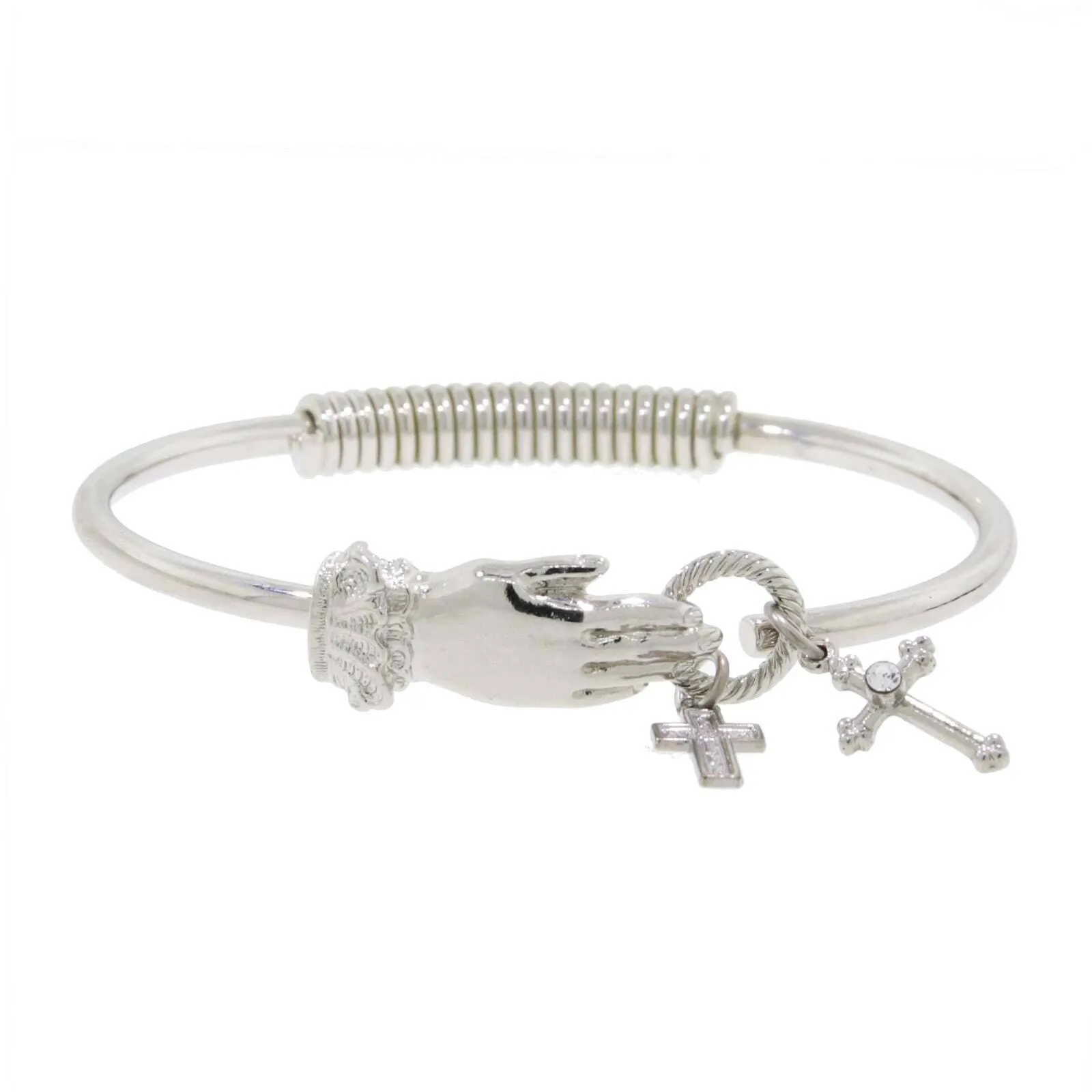 1928 Jewelry Silver Hand And Cross Charm Hinge Bangle Bracelet 1928 Jewelry