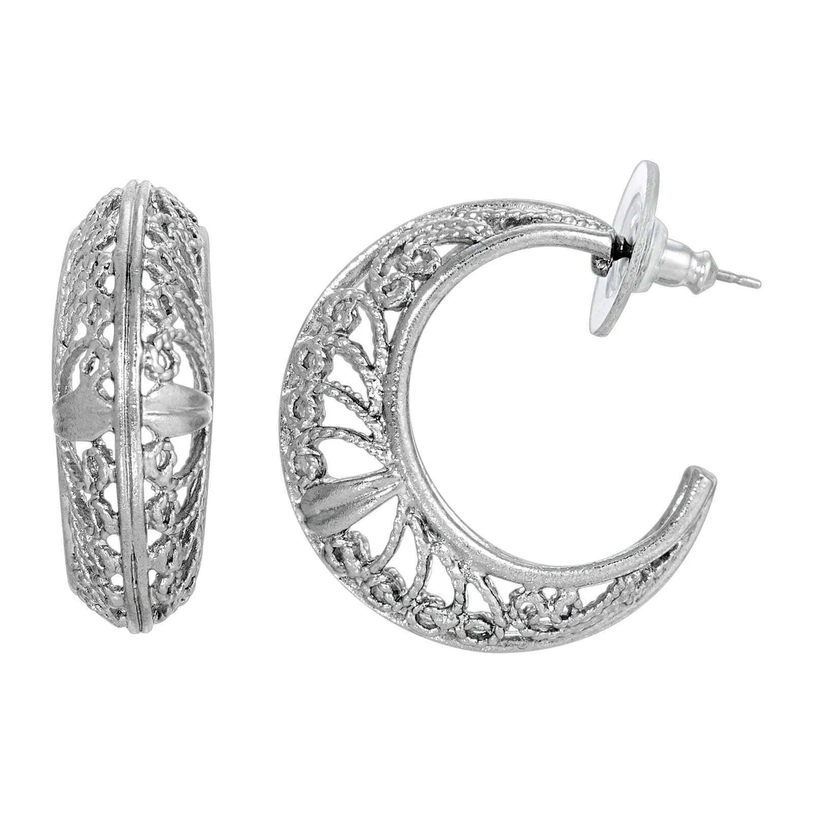 1928 Jewelry Silver Ornate Filigree Hoop Earrings 1928 Jewelry