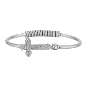1928 Jewelry Silver Vine Cross Round Crystal Hinge Bangle Bracelet 1928 Jewelry