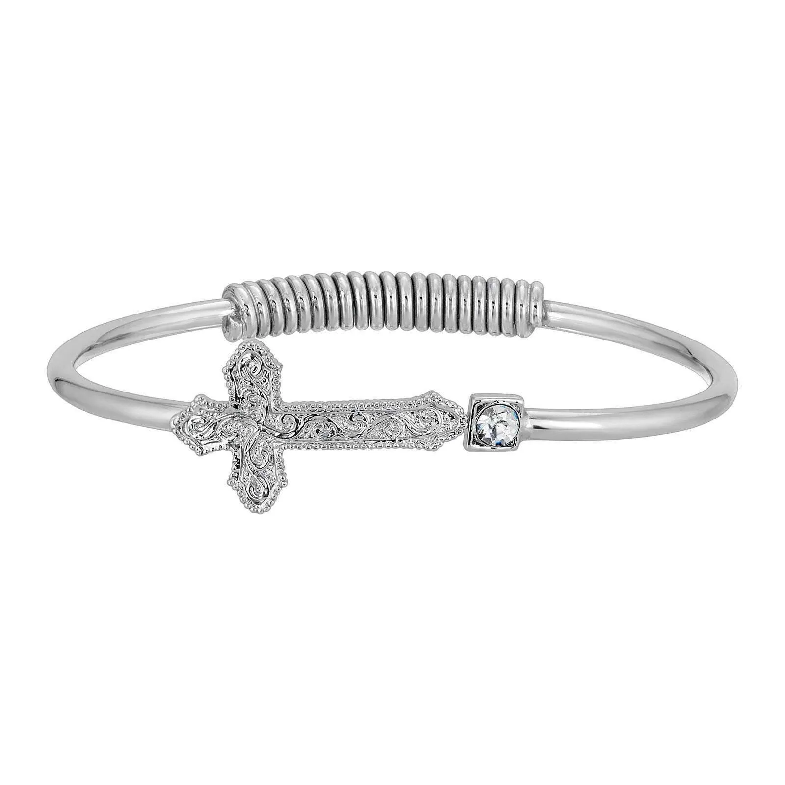 1928 Jewelry Silver Vine Cross Round Crystal Hinge Bangle Bracelet 1928 Jewelry