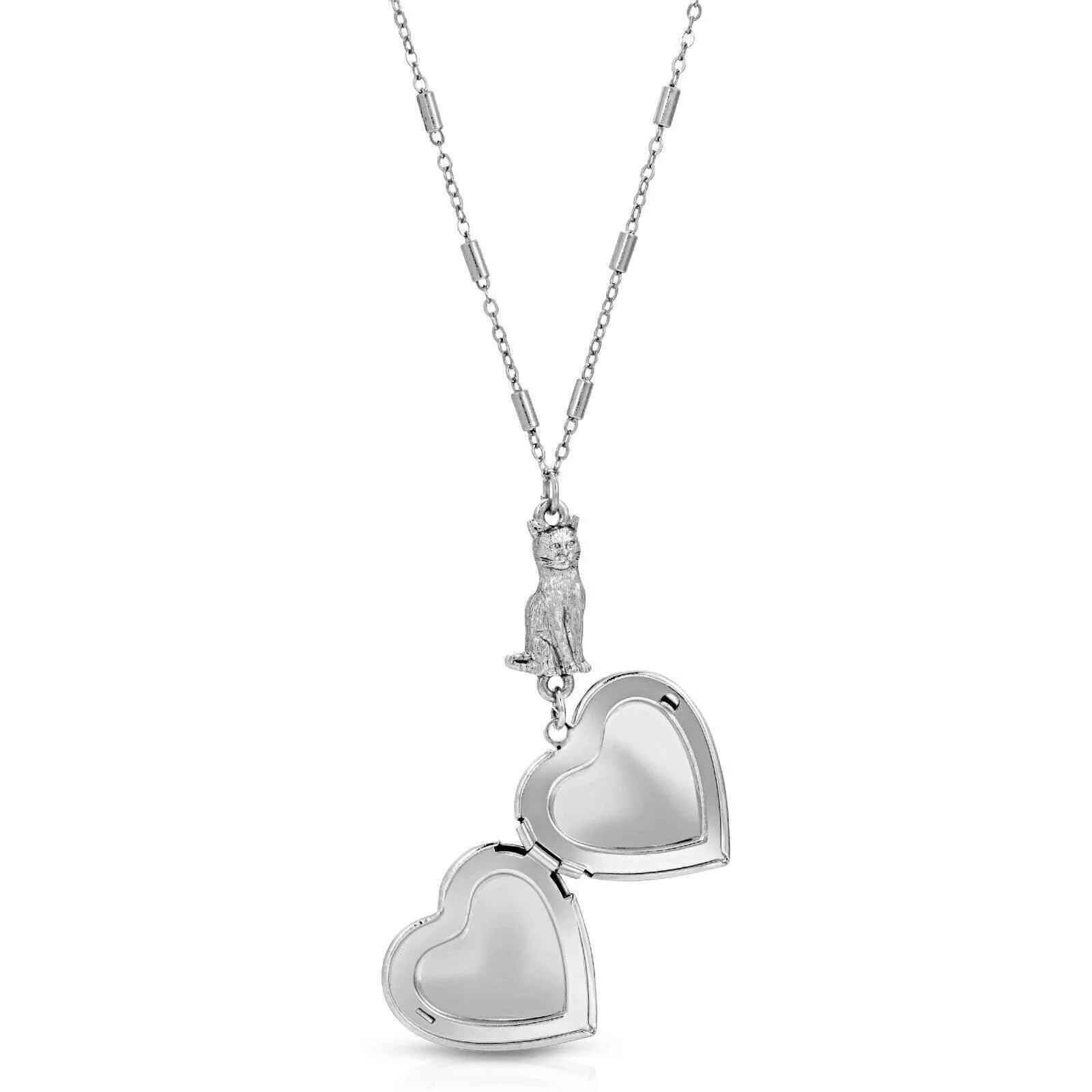 1928 Jewelry Sitting Cat And Heart Locket Necklace 30" 1928 Jewelry