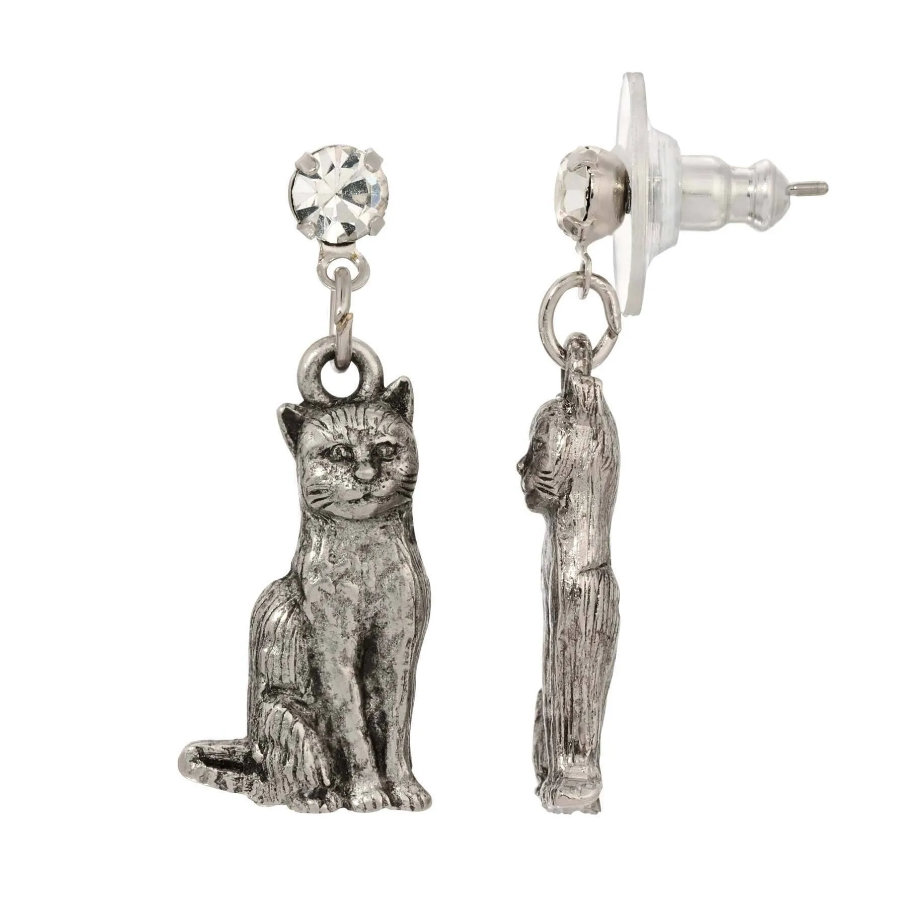 1928 Jewelry Sitting Cat Clear Crystal Post Drop Earrings 1928 Jewelry