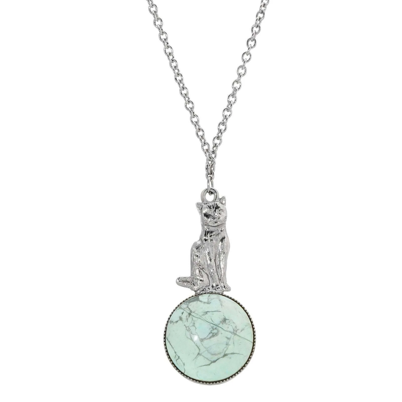 1928 Jewelry Sitting Cat On Round Gemstone Pendant Necklace 28" 1928 Jewelry