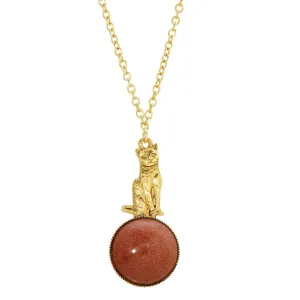 1928 Jewelry Sitting Cat On Round Gemstone Pendant Necklace 28" 1928 Jewelry
