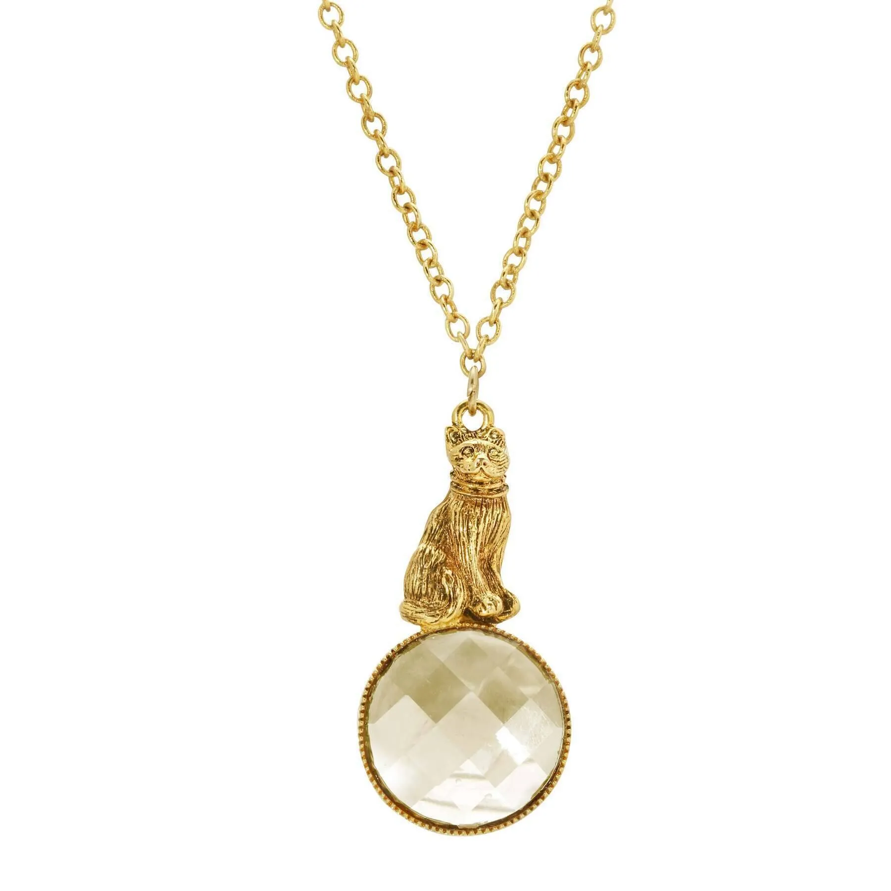 1928 Jewelry Sitting Cat On Round Light Topaz Stone Pendant Necklace 28" 1928 Jewelry