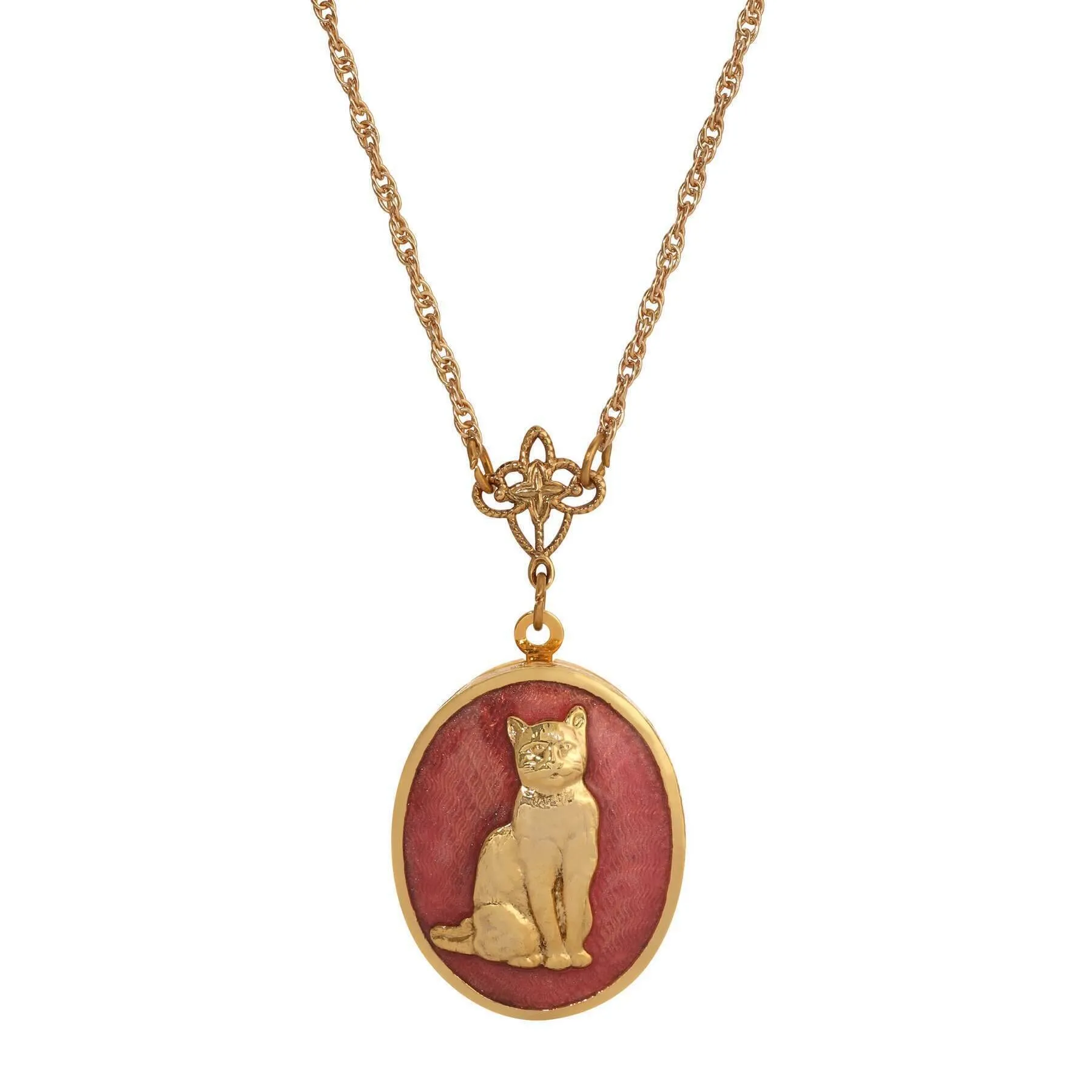 1928 Jewelry Sitting Cat Oval Enamel Locket Necklace 24" 1928 Jewelry