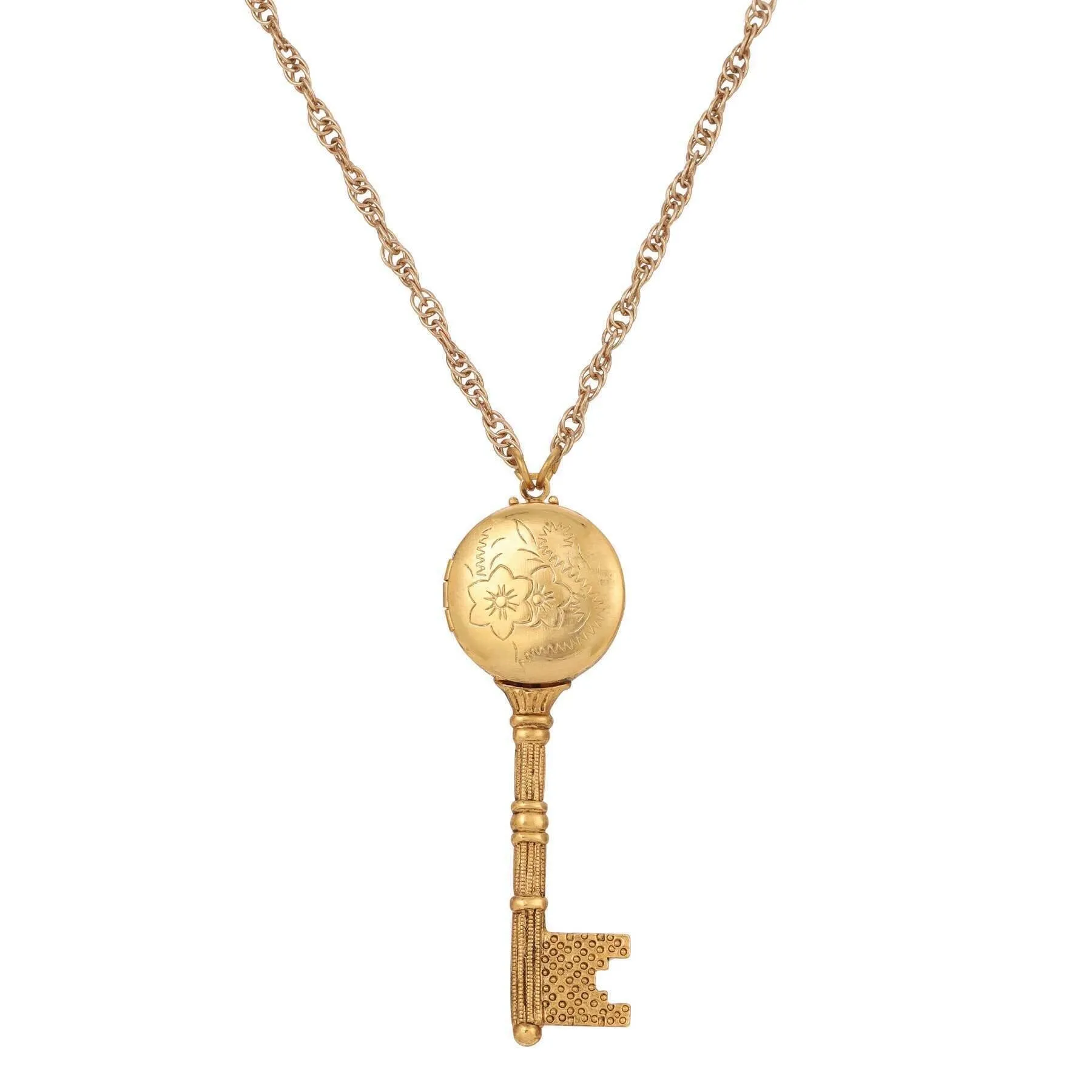 1928 Jewelry Skeleton Key Flower Pendant Photo Locket Necklace 28" 1928 Jewelry