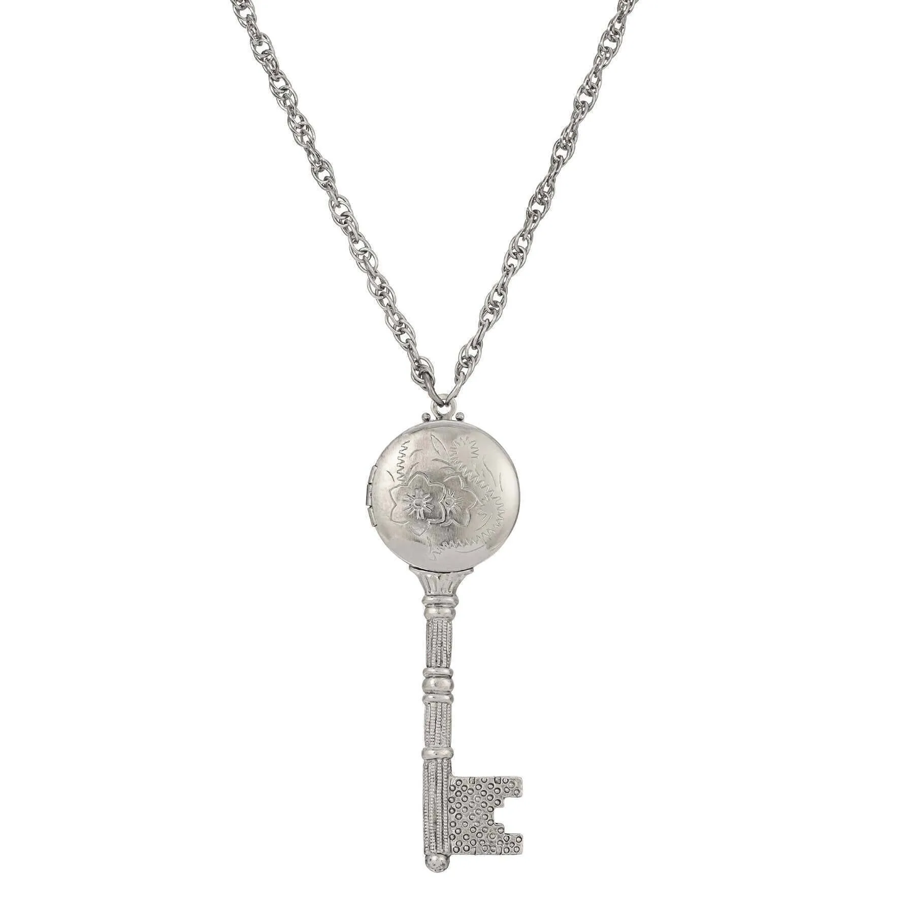 1928 Jewelry Skeleton Key Flower Pendant Photo Locket Necklace 28" 1928 Jewelry