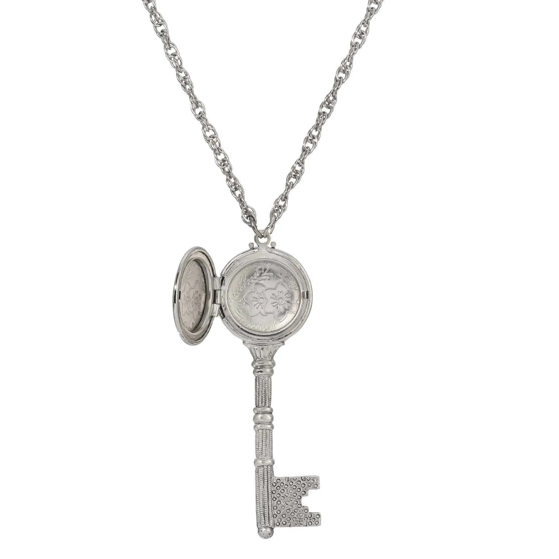 1928 Jewelry Skeleton Key Flower Pendant Photo Locket Necklace 28" 1928 Jewelry