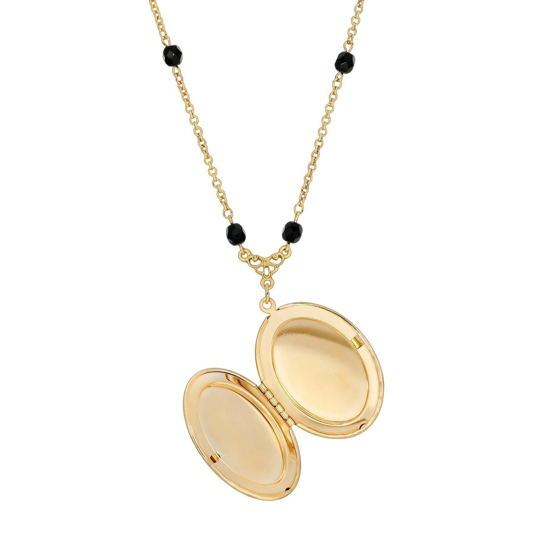 1928 Jewelry Soire Jet Black Oval Stone Locket Necklace 30" 1928 Jewelry