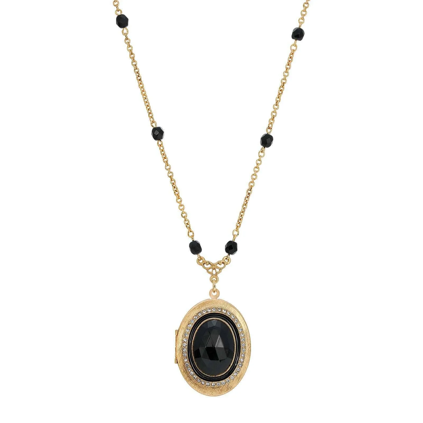 1928 Jewelry Soire Jet Black Oval Stone Locket Necklace 30" 1928 Jewelry