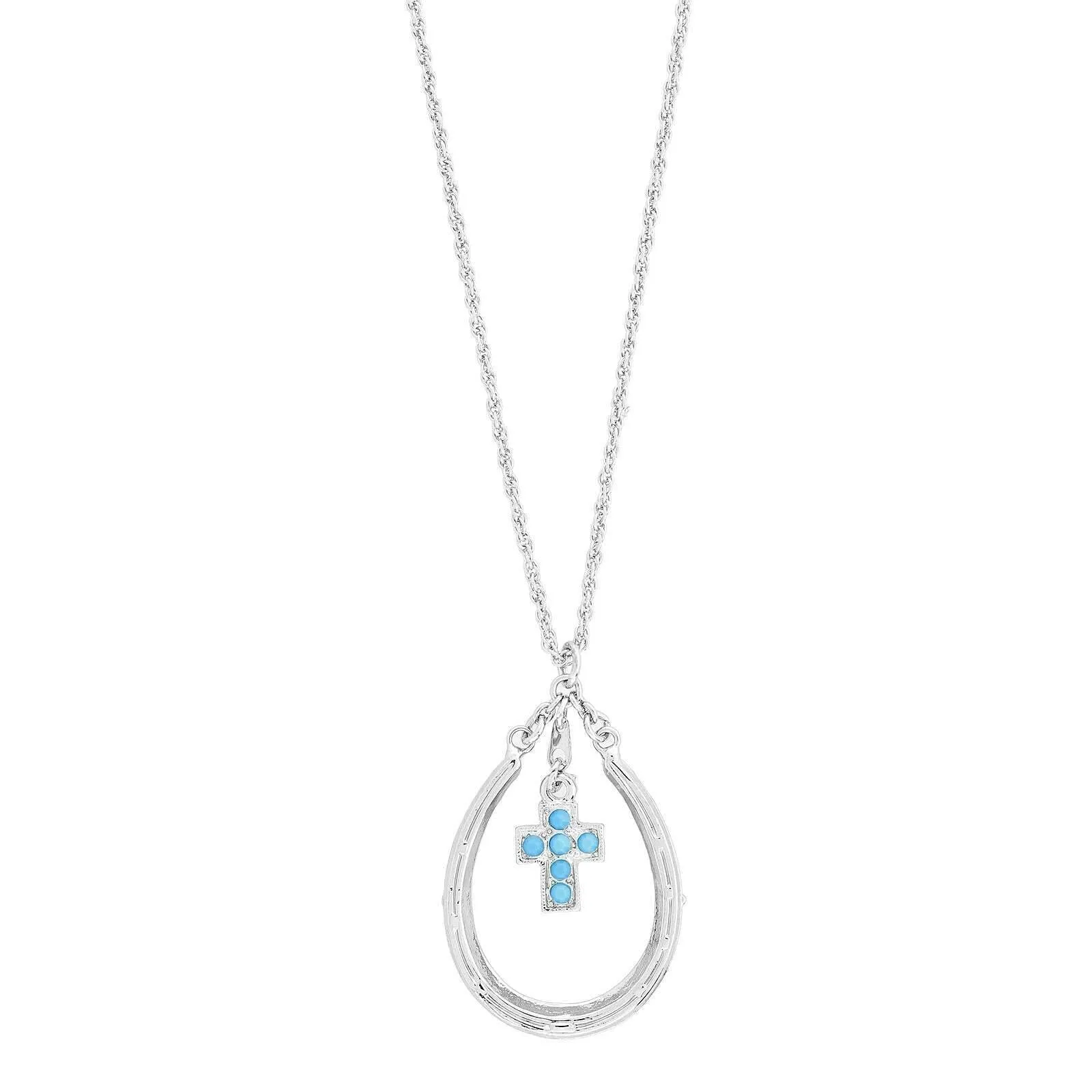 1928 Jewelry Southwest Turquoise Austrian Crystal Cross Horseshoe Pendant Necklace 16"   3" Extender 1928 Jewelry