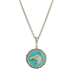 1928 Jewelry Southwest Turquoise Enamel Horse Head Round Locket Necklace 24" 1928 Jewelry