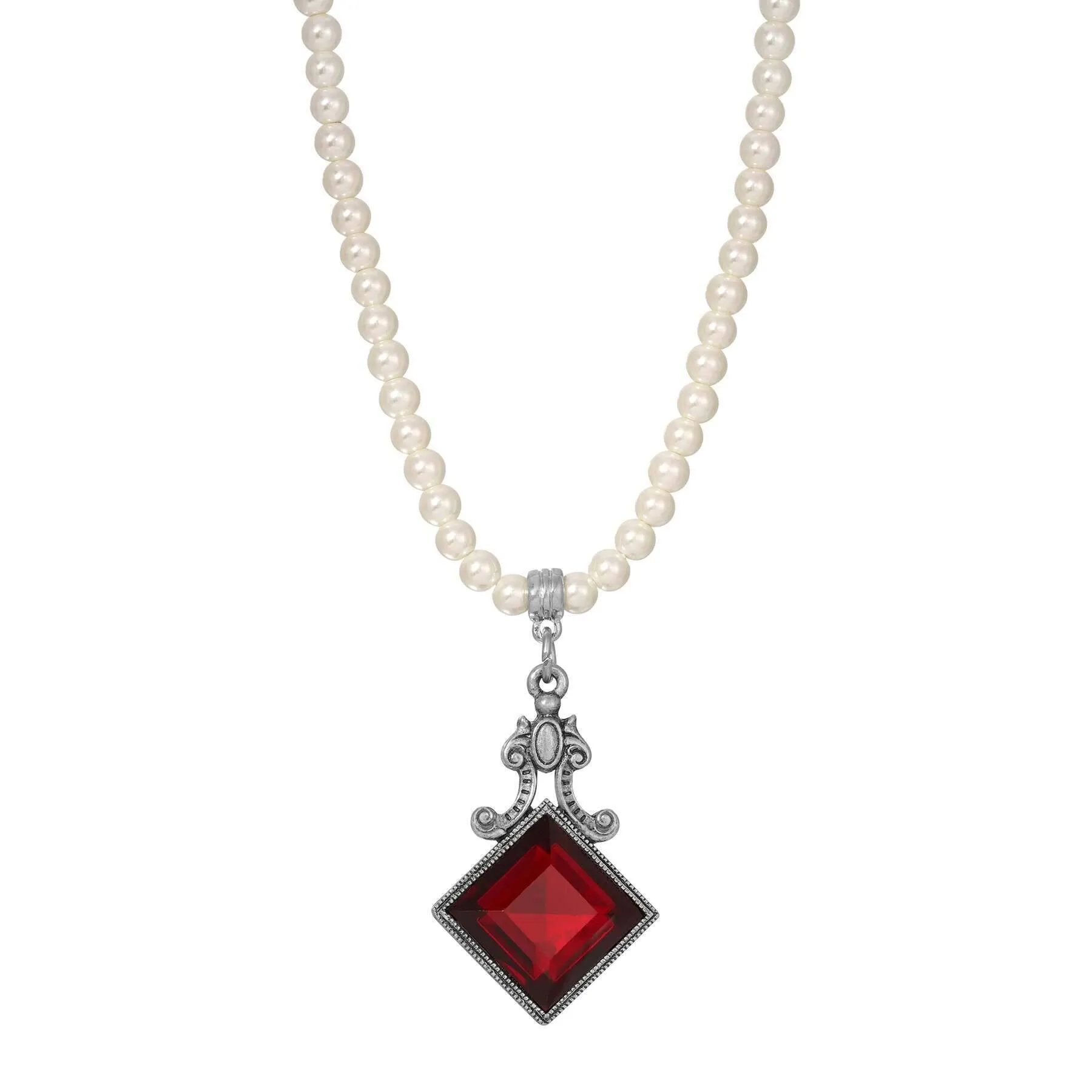 1928 Jewelry Square Siam Red Stone & Scroll 4mm Faux Pearl Strand Necklace 15"   3" Extender 1928 Jewelry