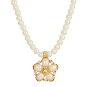 1928 Jewelry Star Flower 6mm Faux Pearl Strand Pendant Necklace 15"   3" Extender 1928 Jewelry