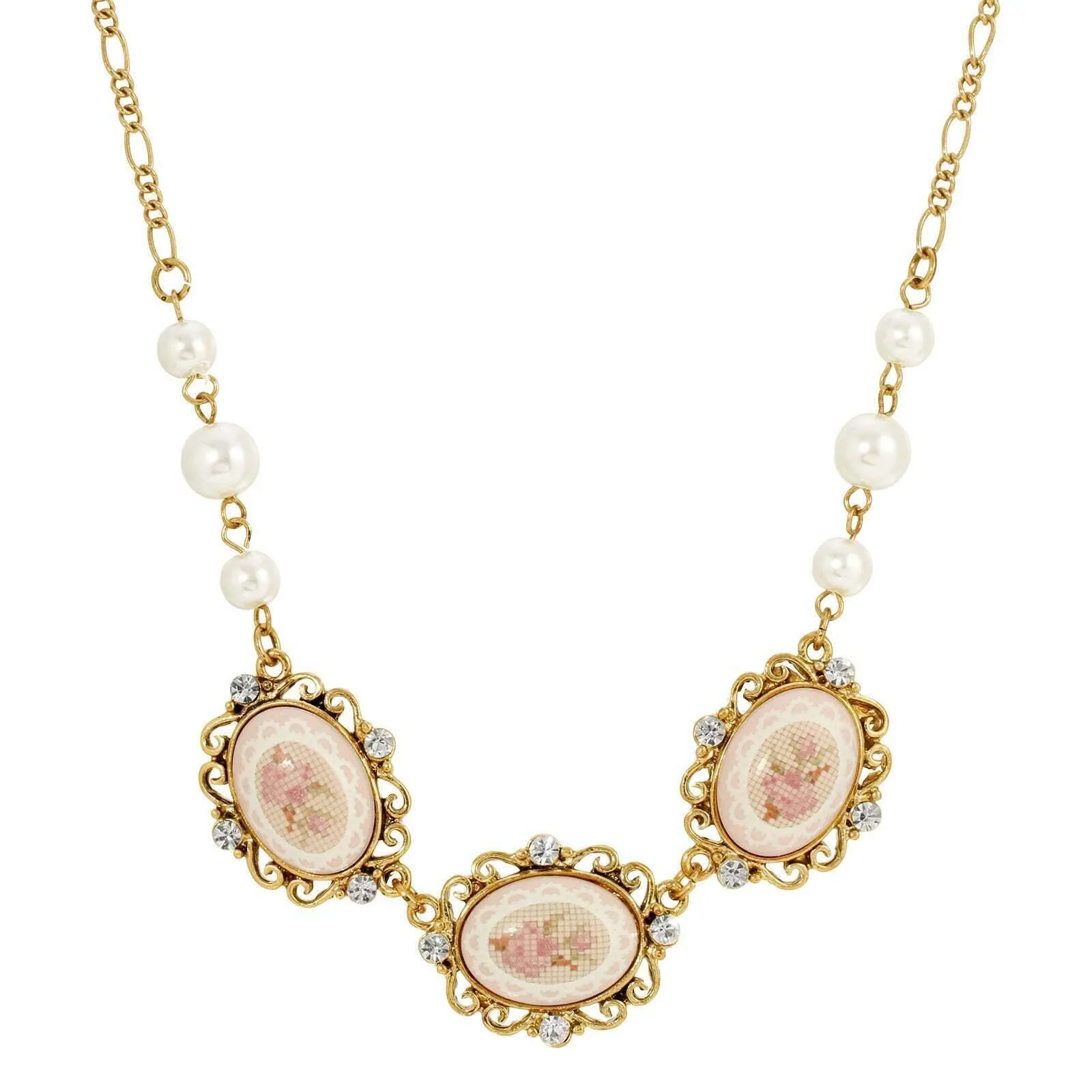 1928 Jewelry Stitch Pattern Triple Pink Porcelain Rose Faux Pearl Collar Necklace 16"   3" Extender 1928 Jewelry