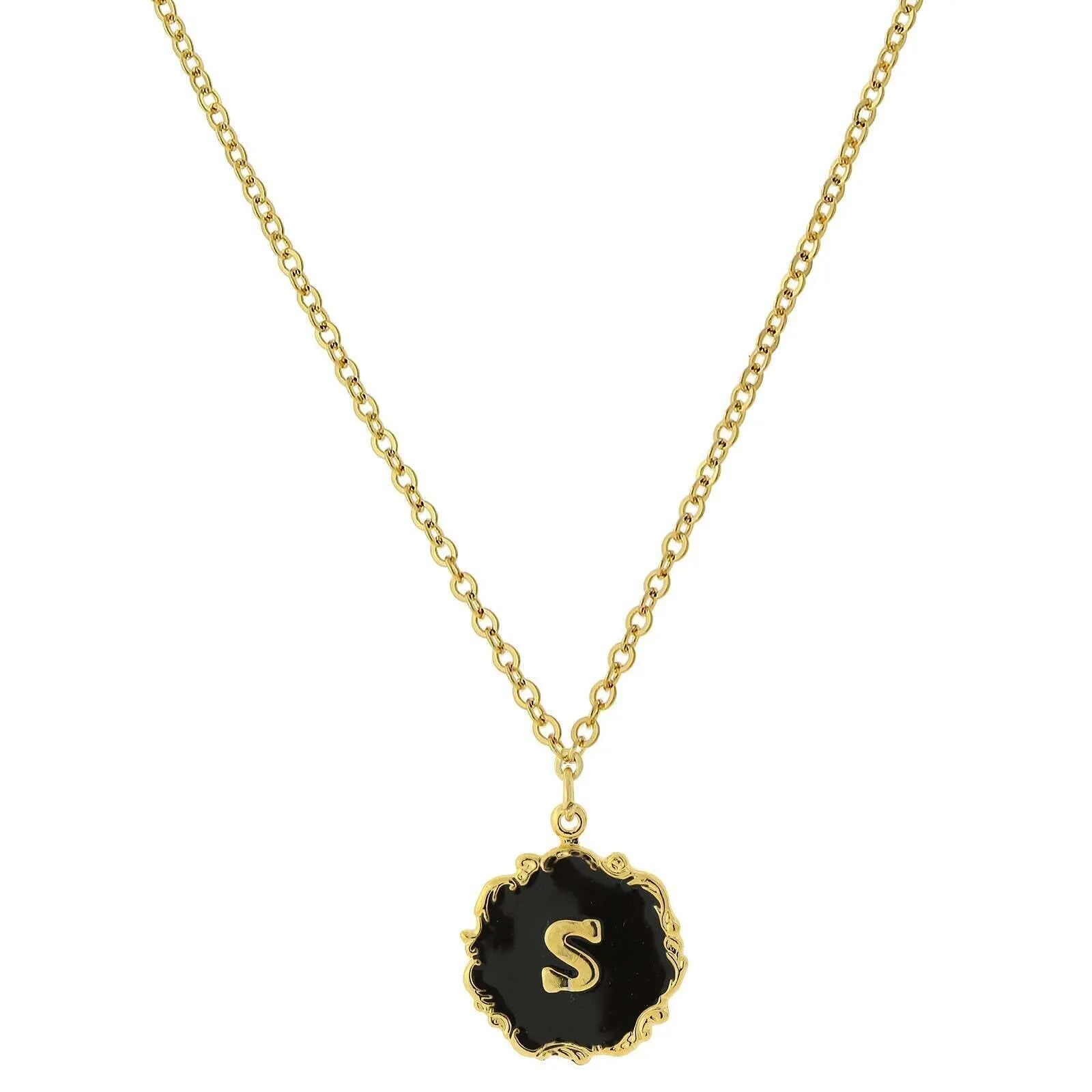 1928 Jewelry Sunburst Black Enamel Initial Pendant Necklace 16"   3" Extender 1928 Jewelry