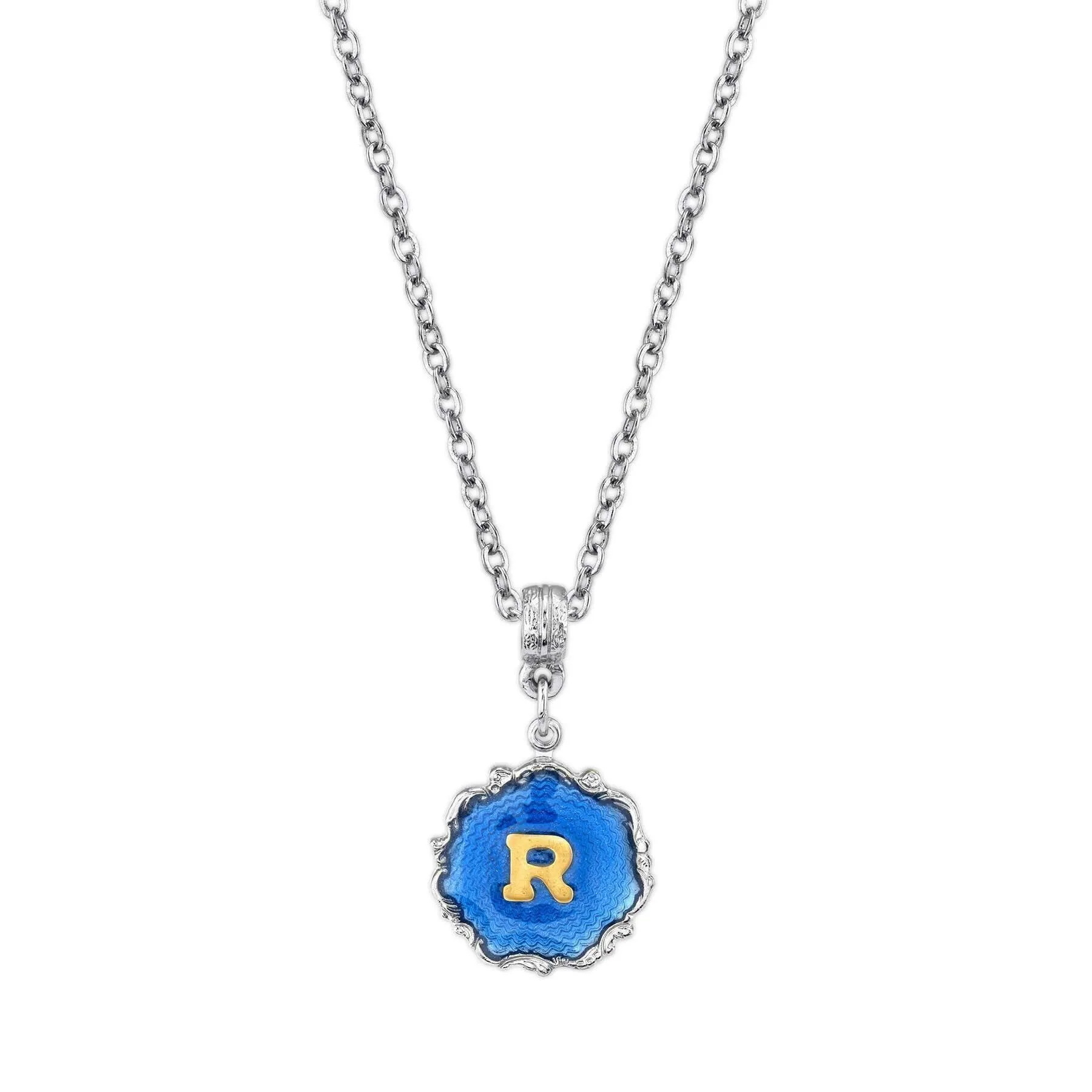 1928 Jewelry Sunburst Blue Enamel Initial Necklace 16"   3" Extender 1928 Jewelry