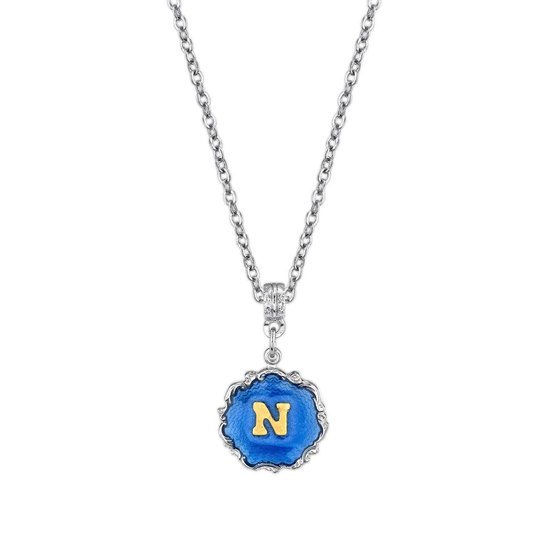 1928 Jewelry Sunburst Blue Enamel Initial Necklace 16"   3" Extender 1928 Jewelry