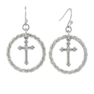 1928 Jewelry Suspended Crystal Accent Cross Silver Rope Hoop Drop Earrings 1928 Jewelry