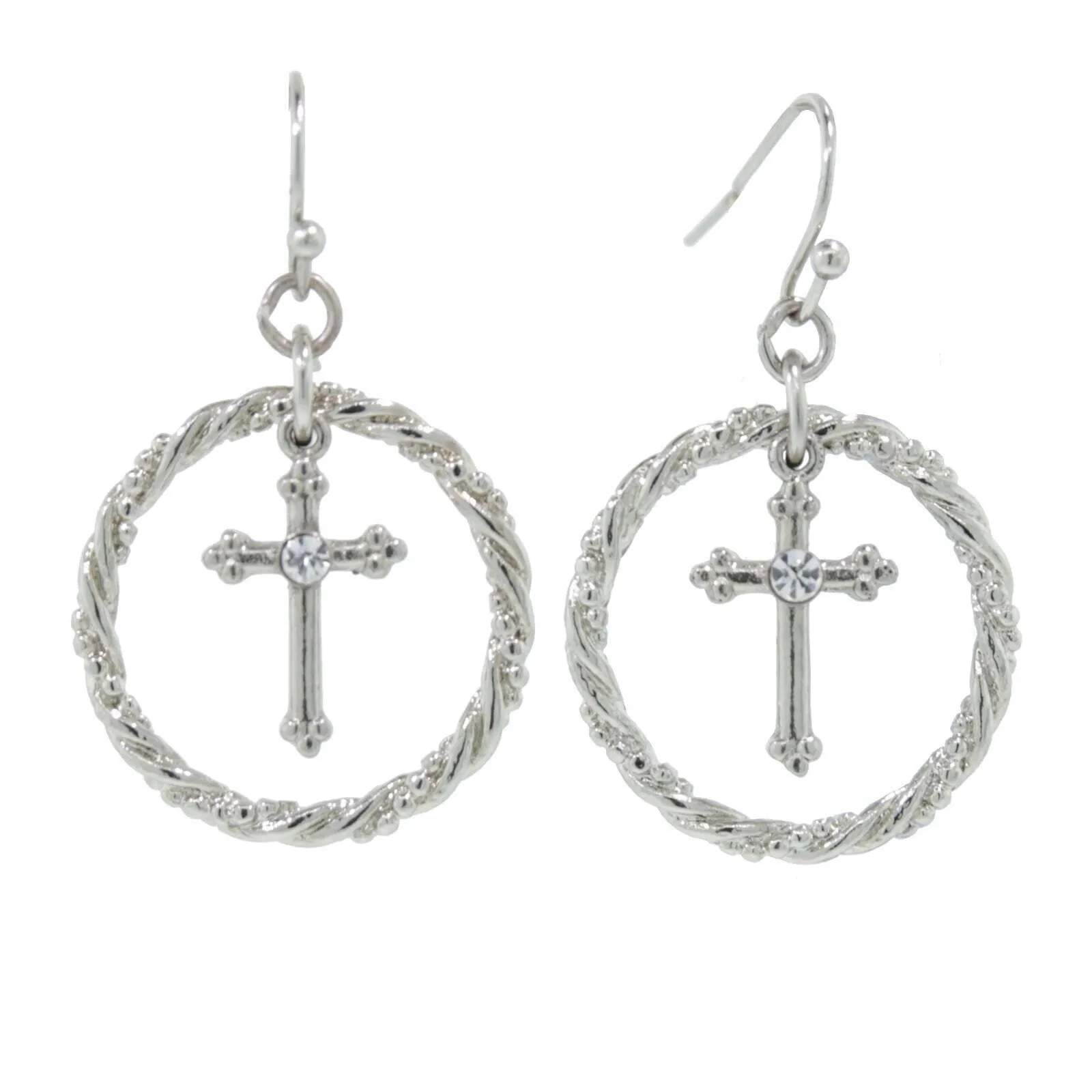 1928 Jewelry Suspended Crystal Accent Cross Silver Rope Hoop Drop Earrings 1928 Jewelry