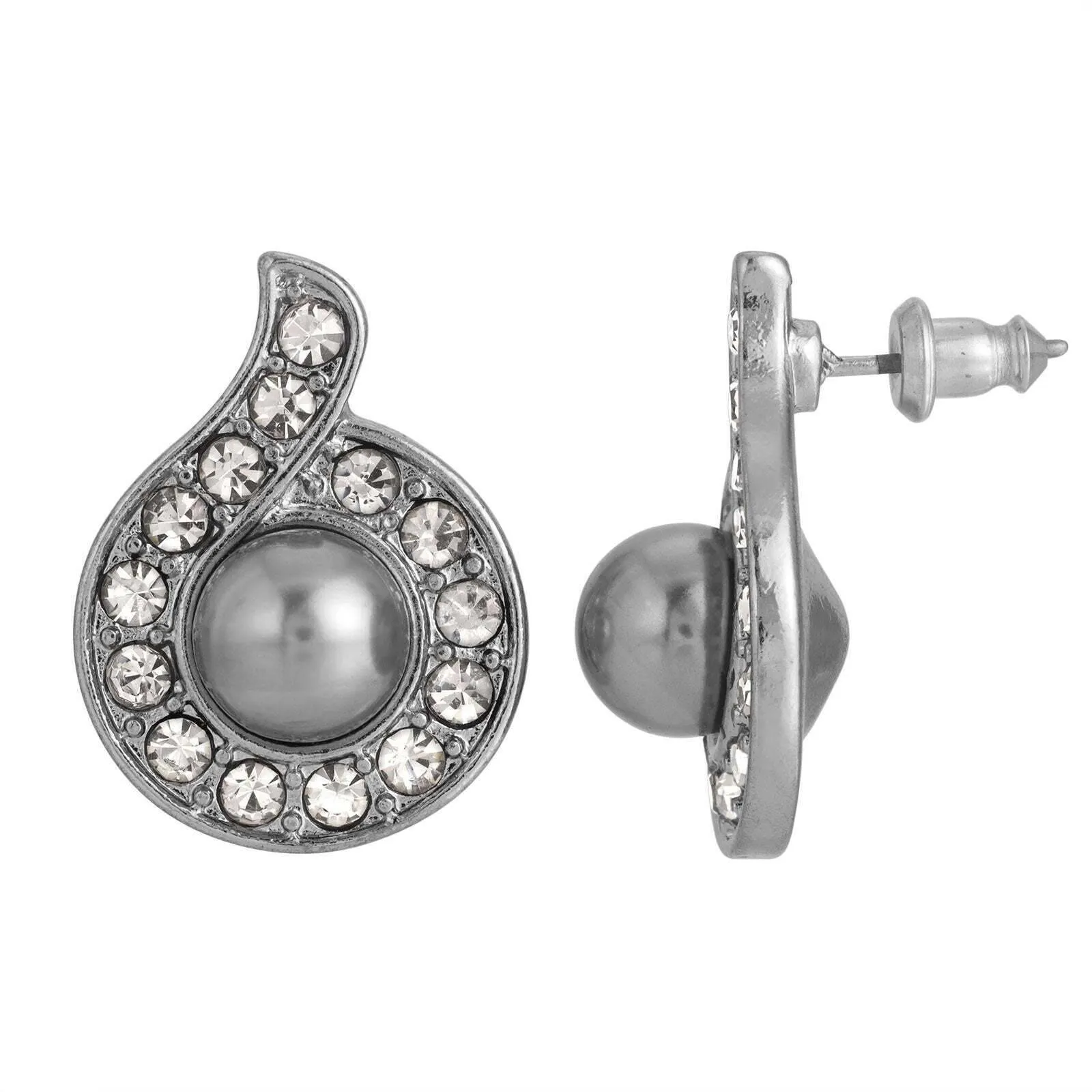 1928 Jewelry Tahitian Grey Faux Pearl Black Diamond Crystal Accent Button Earrings 1928 Jewelry