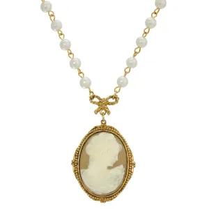 1928 Jewelry Taupe Cameo White Round 6mm Faux Pearl Strand Pendant Necklace 16"   3" Extender 1928 Jewelry