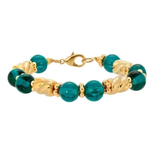 1928 Jewelry Teal Round Glass & Twisted Gold Tone Bead Bracelet 1928 Jewelry