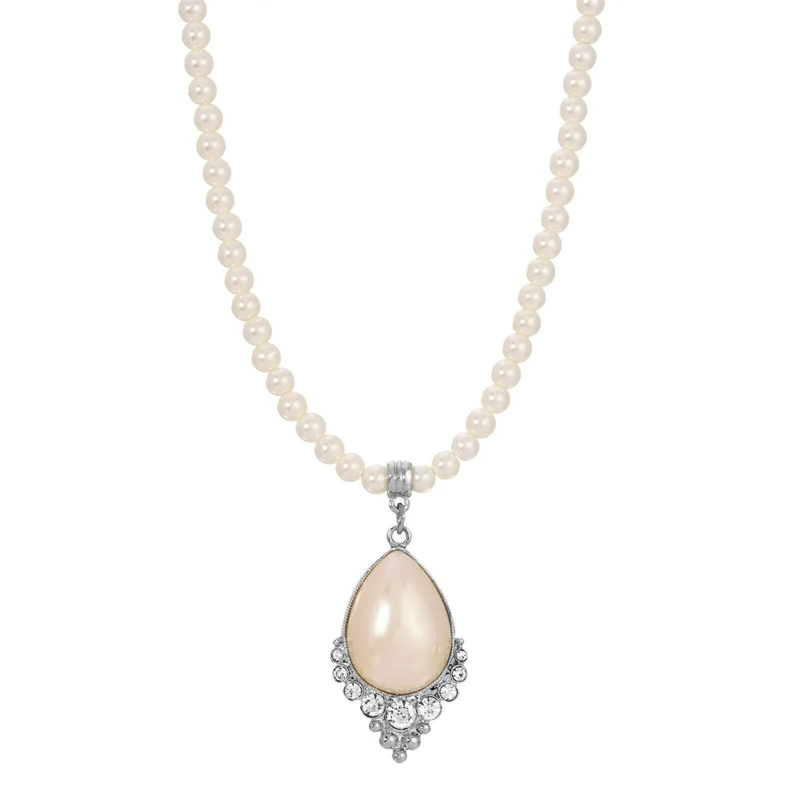 1928 Jewelry Teardrop Faux Pearl Crystal Accent 4mm Pearl Strand Pendant Necklace 16" 1928 Jewelry