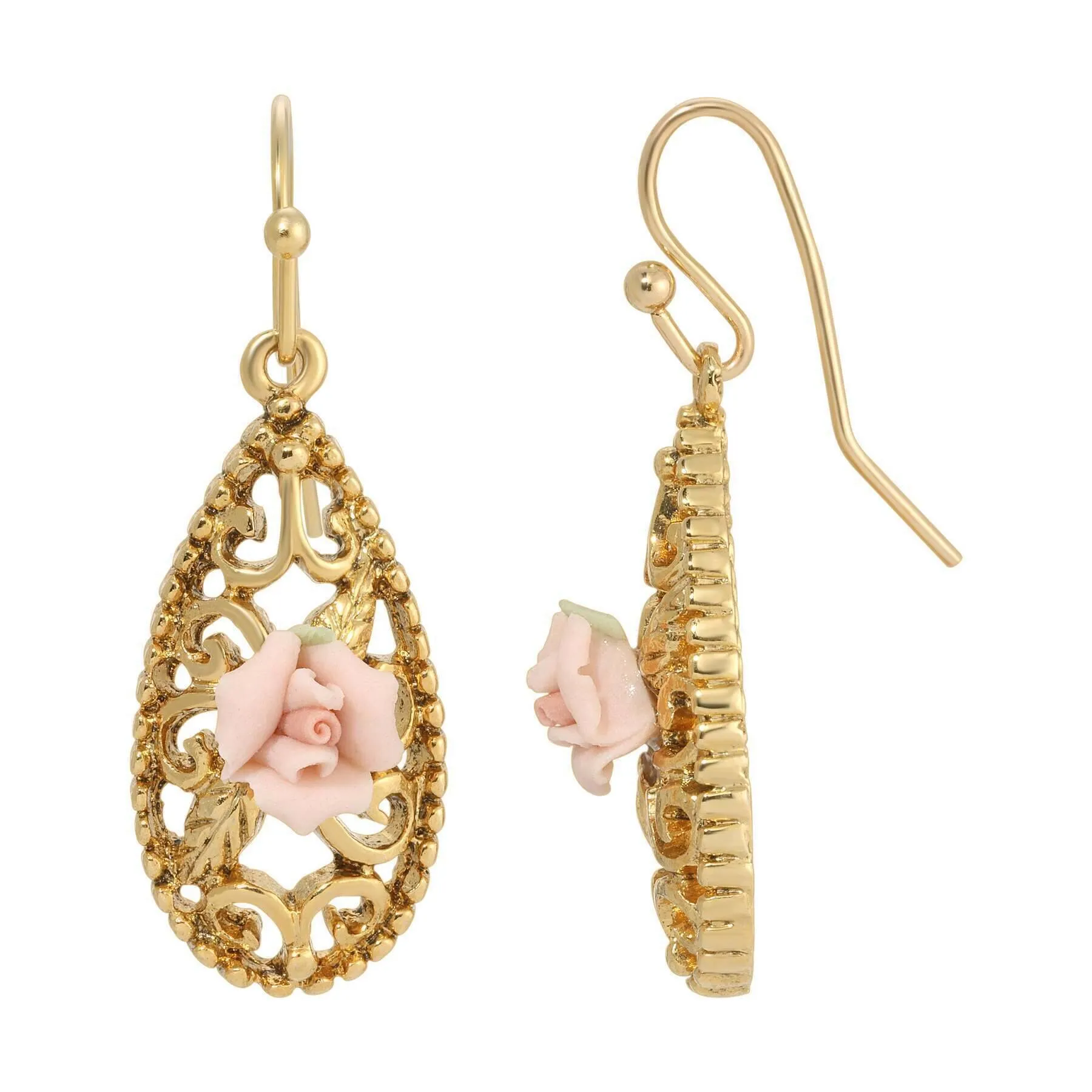 1928 Jewelry Teardrop Filigree Pink Porcelain Rose Drop Earrings 1928 Jewelry