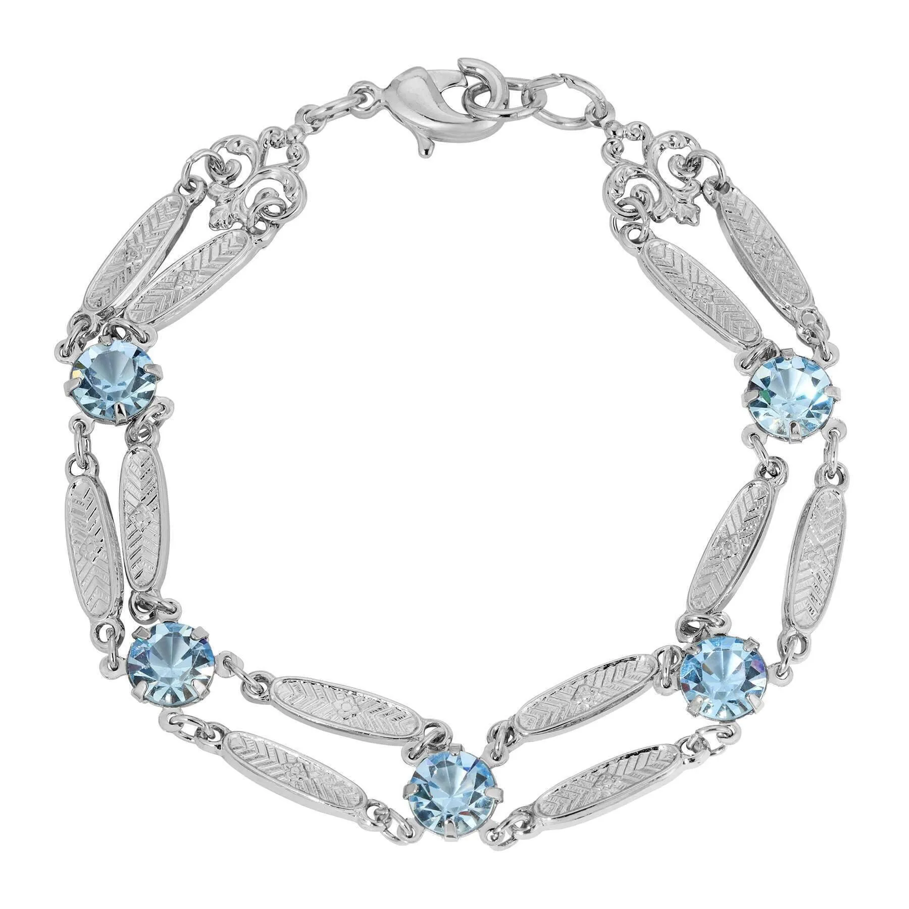 1928 Jewelry Textured Flower Link Light Sapphire Blue Crystal Filigree Bracelet 1928 Jewelry