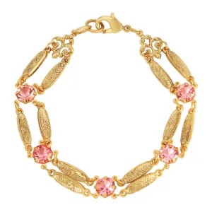 1928 Jewelry Textured Flower Link Rose Pink Crystal Filigree Bracelet 1928 Jewelry
