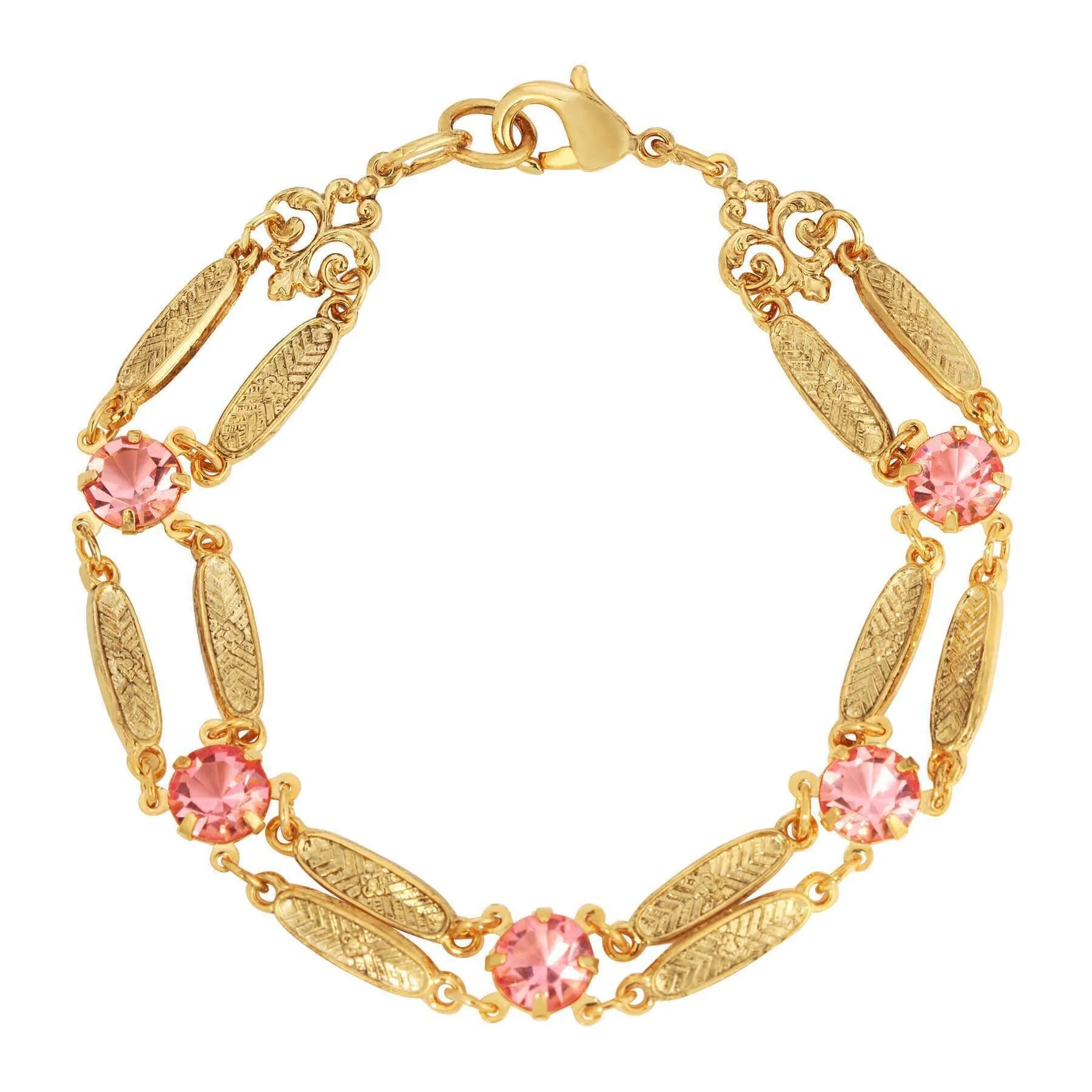 1928 Jewelry Textured Flower Link Rose Pink Crystal Filigree Bracelet 1928 Jewelry