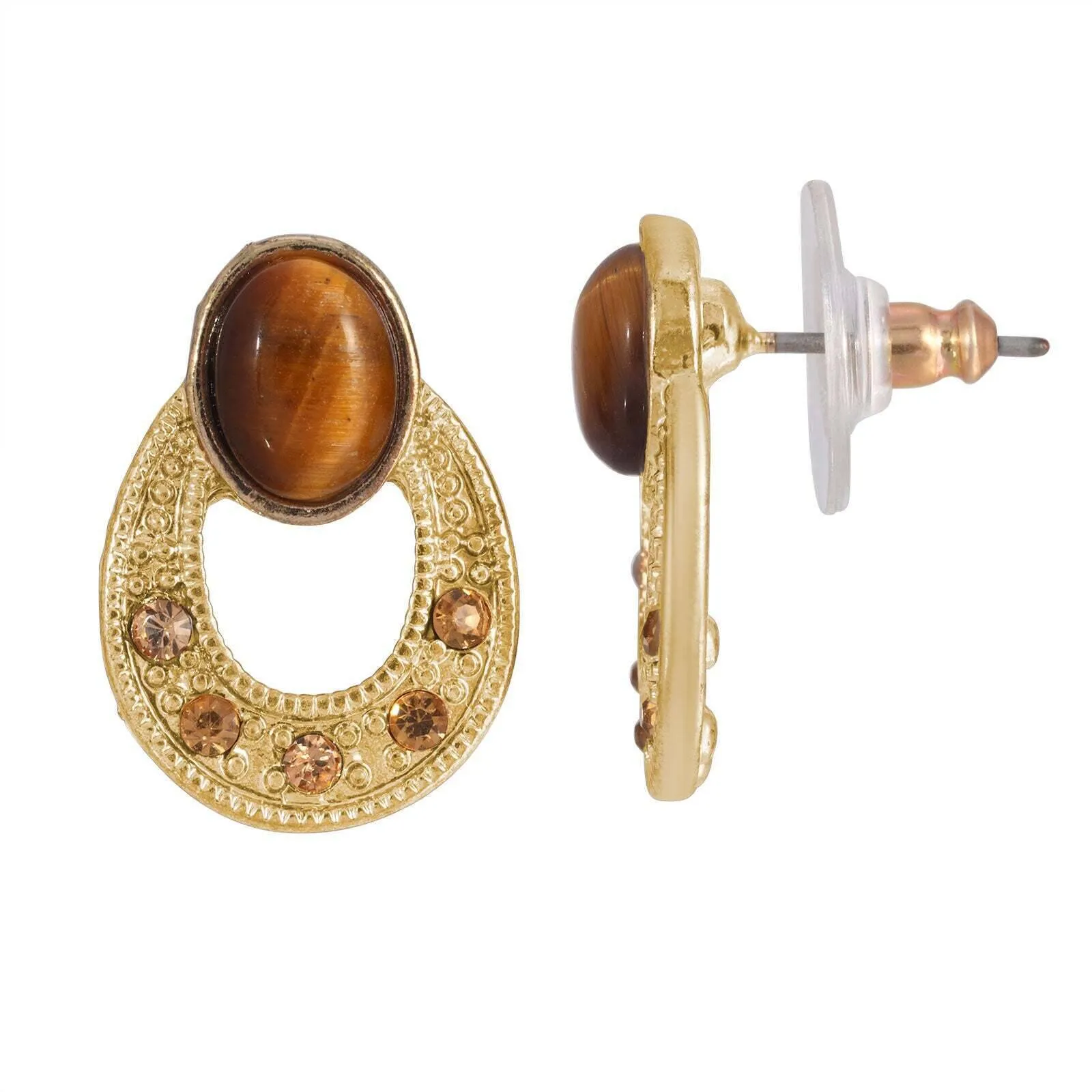1928 Jewelry Topaz Crystal and Brown Cat's Eye Hoop Earrings 1928 Jewelry