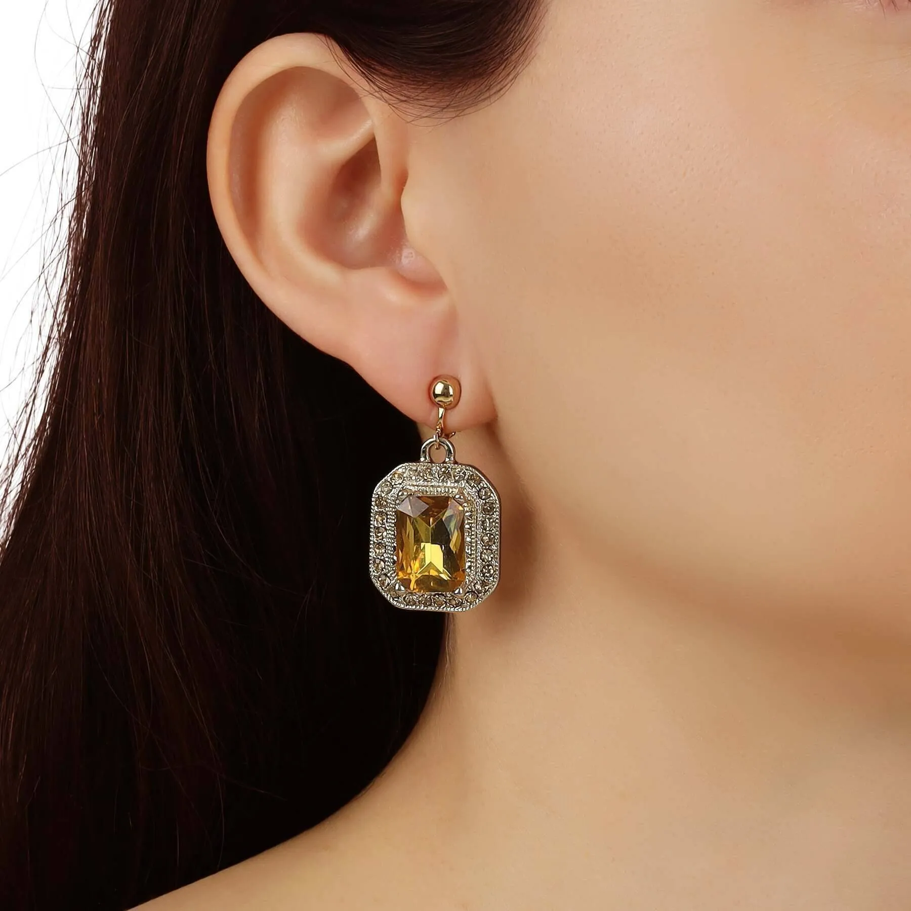 1928 Jewelry Topaz Octagon Stone & Crystal Clip On Earrings 1928 Jewelry
