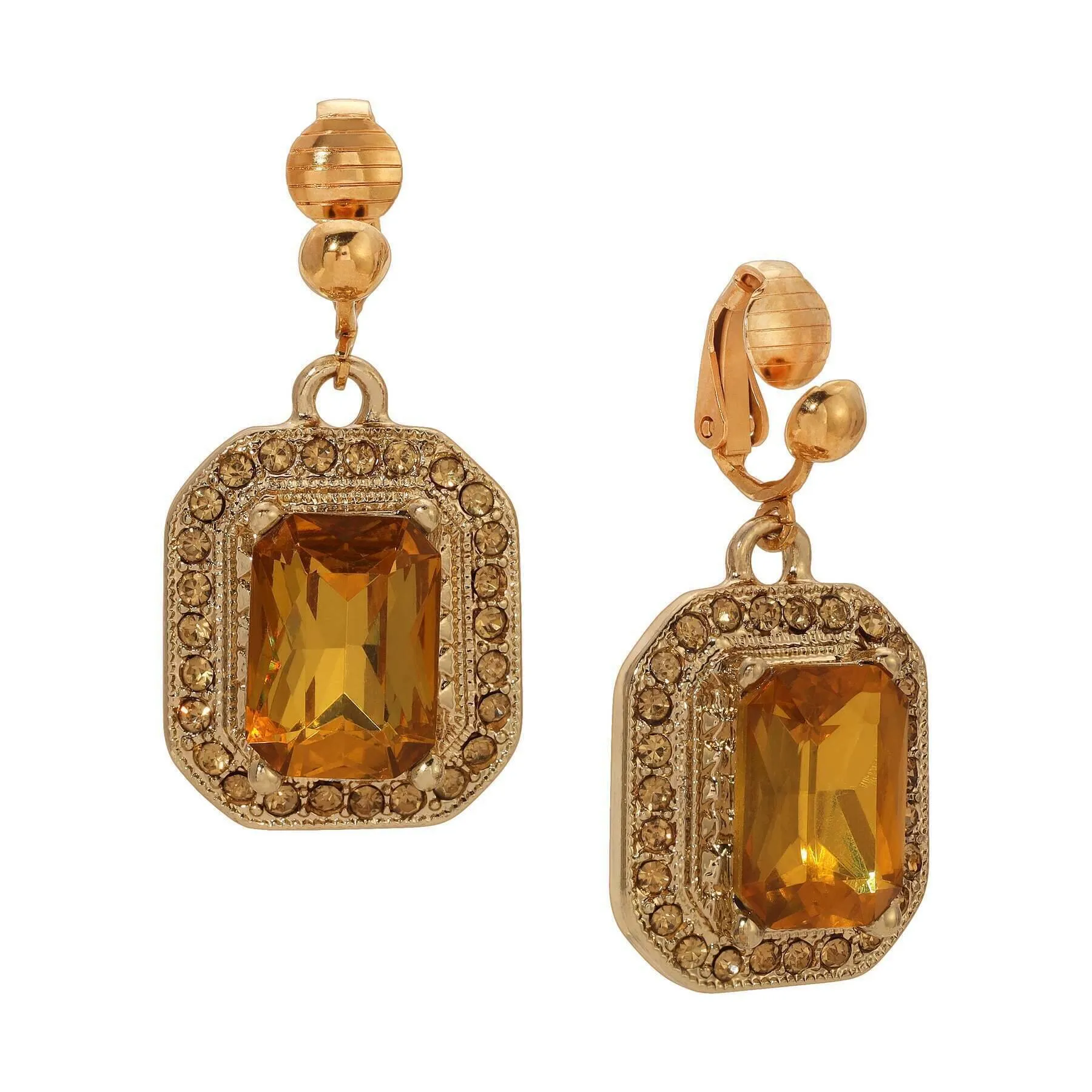 1928 Jewelry Topaz Octagon Stone & Crystal Clip On Earrings 1928 Jewelry