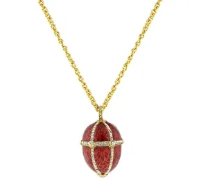 1928 Jewelry Trellis Red Enamel Rhinestone Egg Locket Necklace 30" 1928 Jewelry